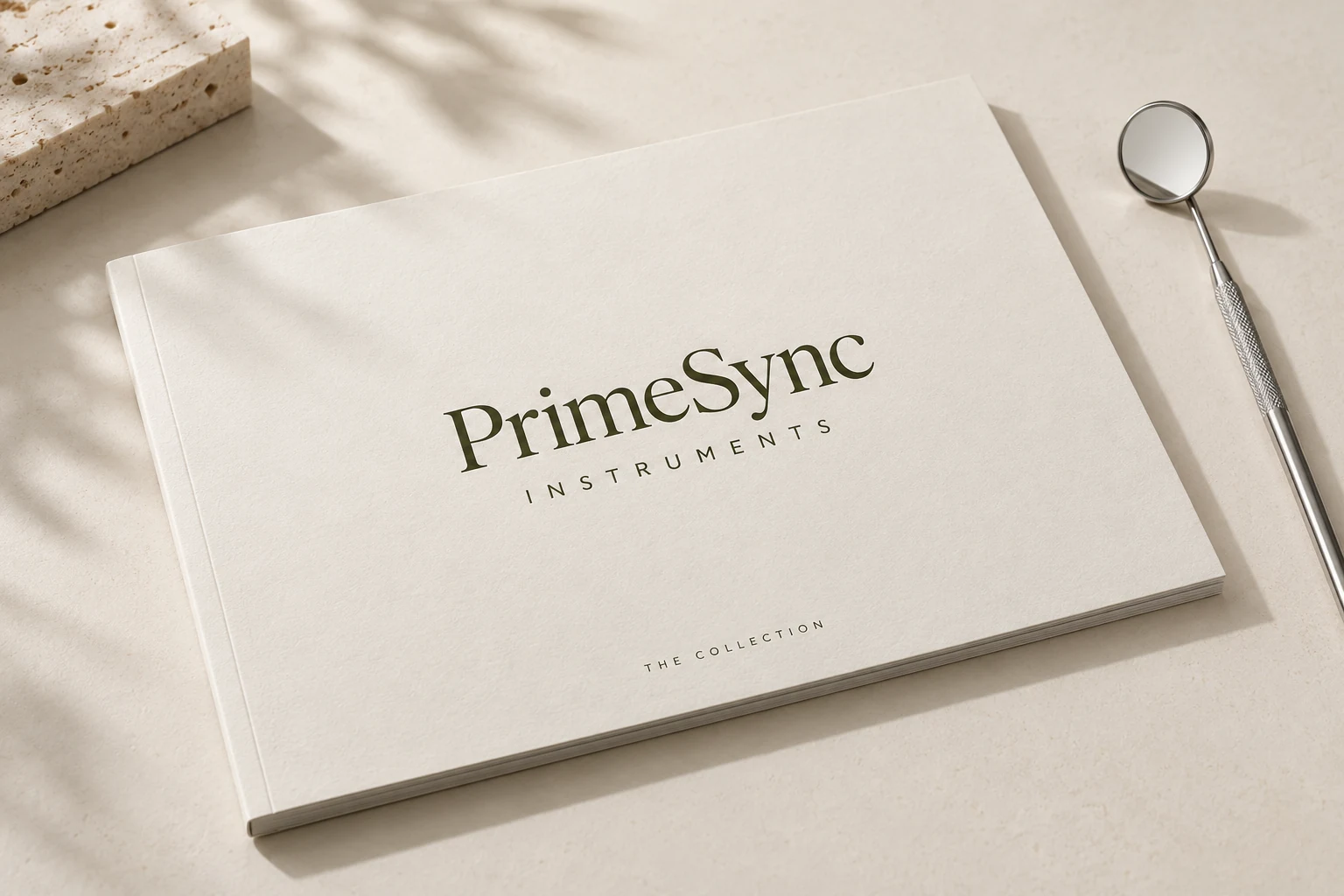 An ivory PrimeSync Instruments catalogue beside a dental mirror