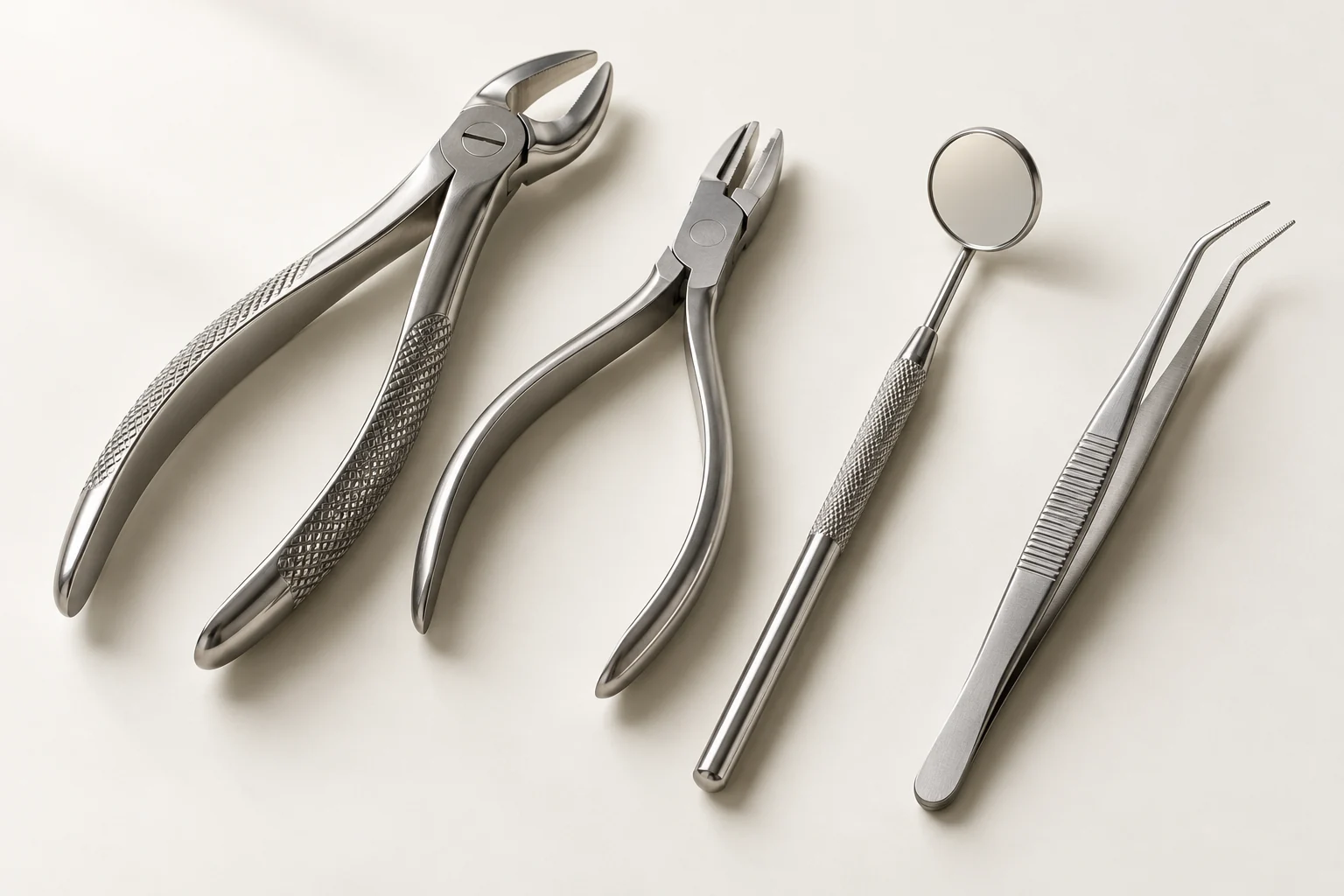 arrangement of forceps, orthodontic plier, dental mirror and tweezers