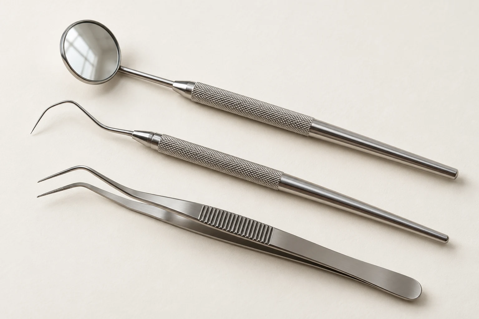 arrangement of a dental mirror, probe and tweezers
