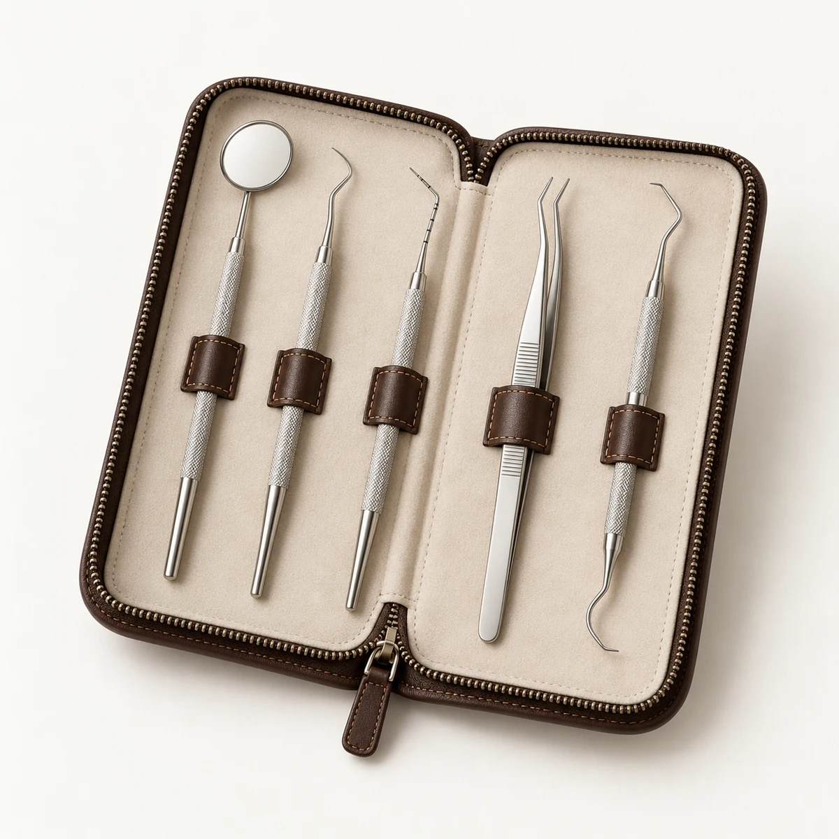 dental instrument kit presented in a chocolate-brown leather case with ivory lining