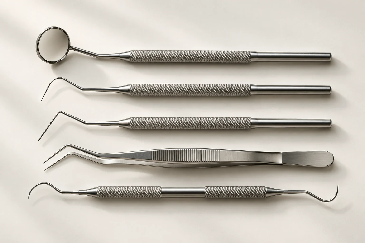 arrangement of five dental examination instruments