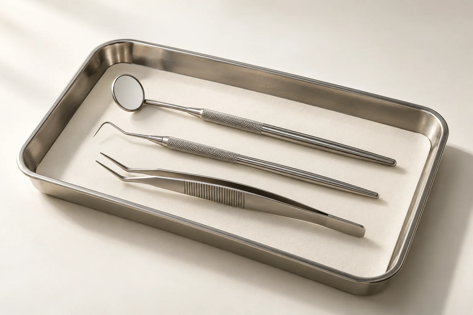 metal tray containing dental instruments on an ivory liner